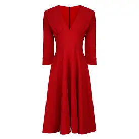 Red Deep V Neck 3/4 Sleeve Rockabilly 50s Swing Dress