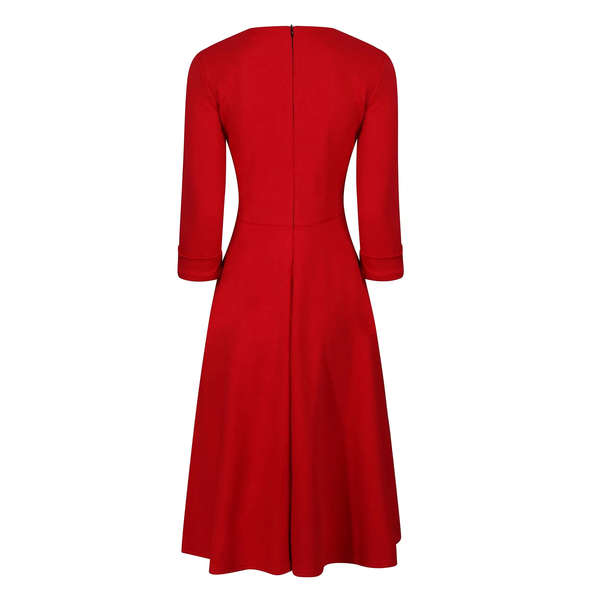 Red Deep V Neck 3/4 Sleeve Rockabilly 50s Swing Dress