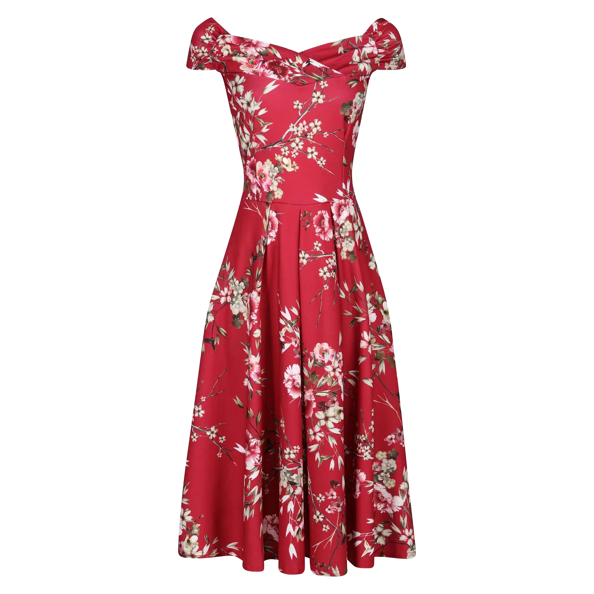 Red Floral Print Crossover Bardot 50s Swing Dress