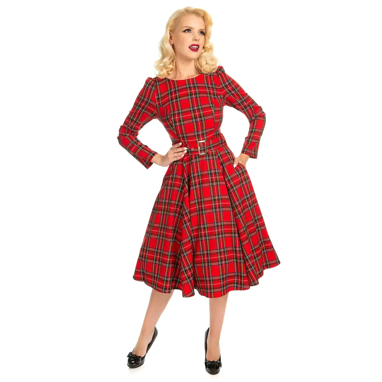 Red Tartan Long Sleeve Burns Night & Rockabilly Style Swing Dress