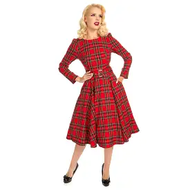 Red Tartan Long Sleeve Burns Night & Rockabilly Style Swing Dress