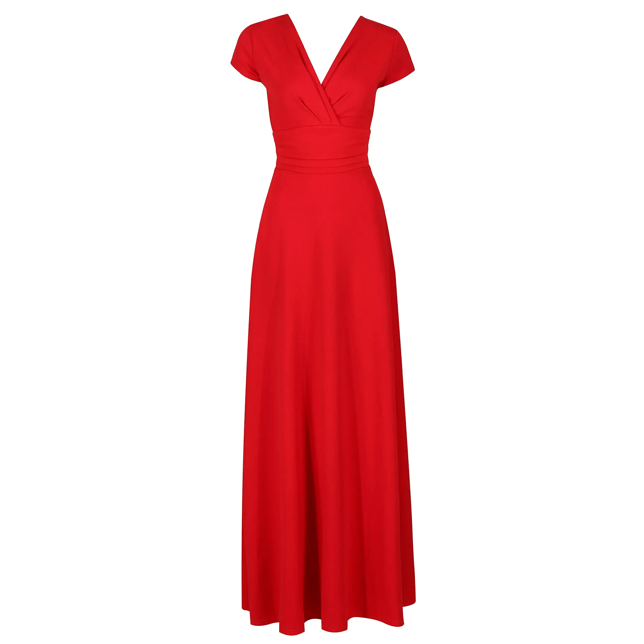 Red V Neck Cap Sleeve Maxi Dress