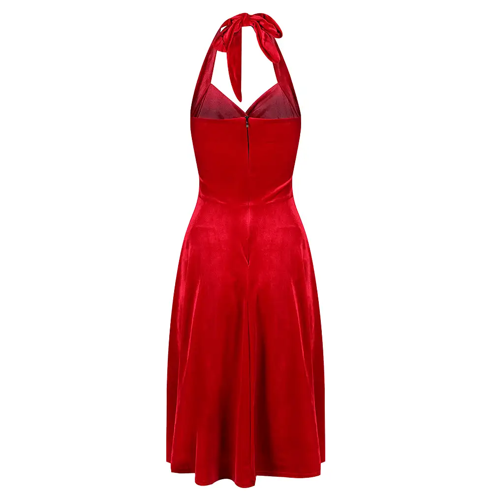 Red Velour Halterneck Empire Waist 50s Swing Dress