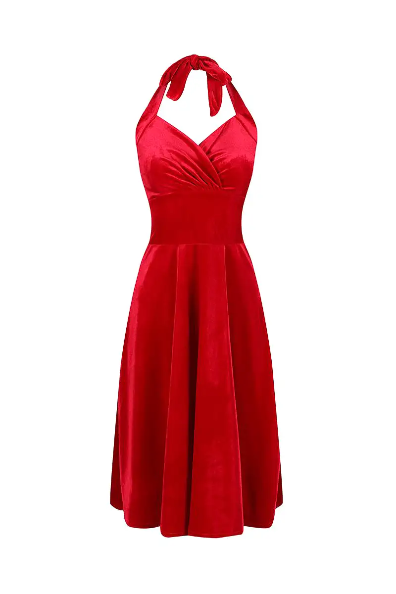 Red Velour Halterneck Empire Waist 50s Swing Dress