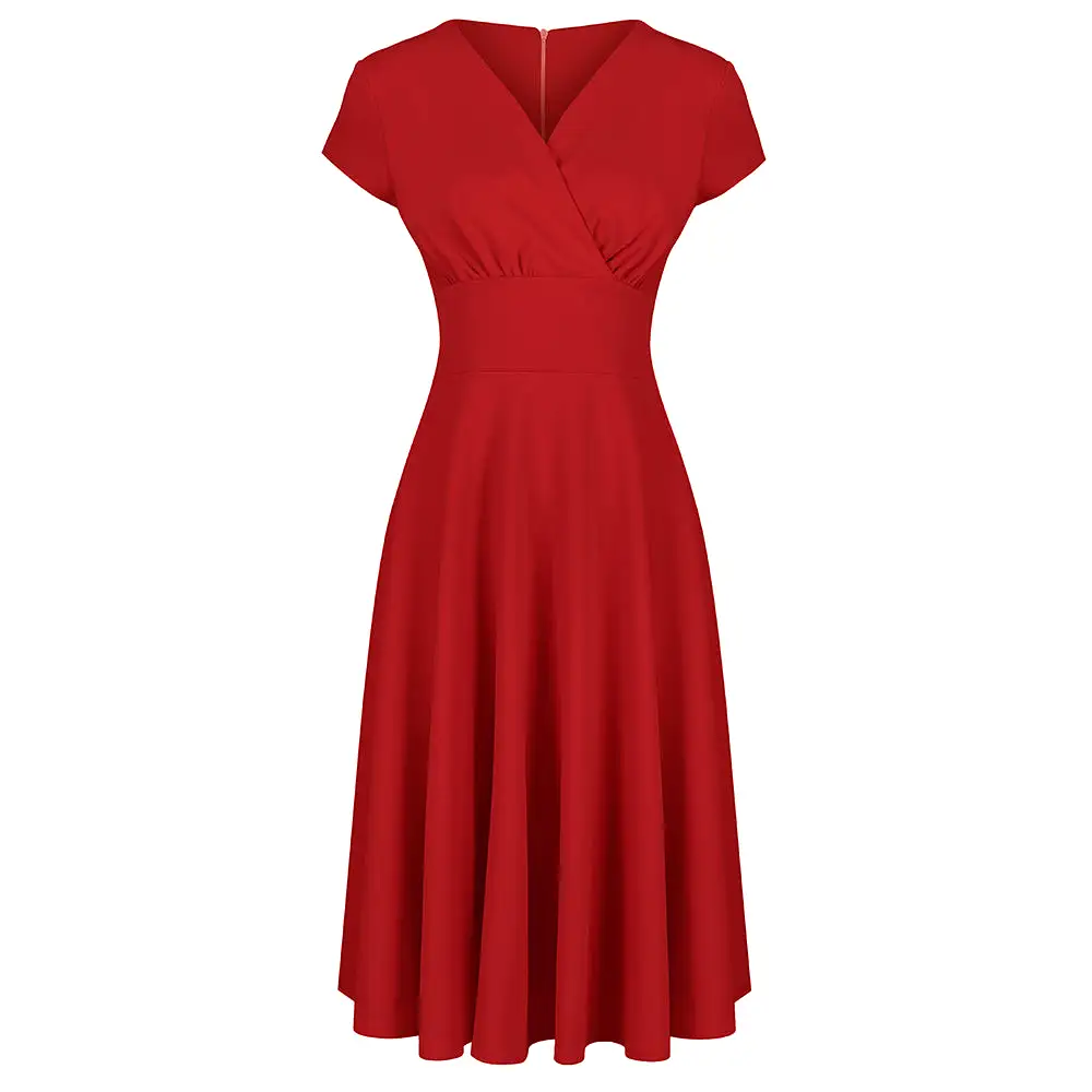 Red Vintage A Line Crossover Capped Sleeve Tea Swing Dress