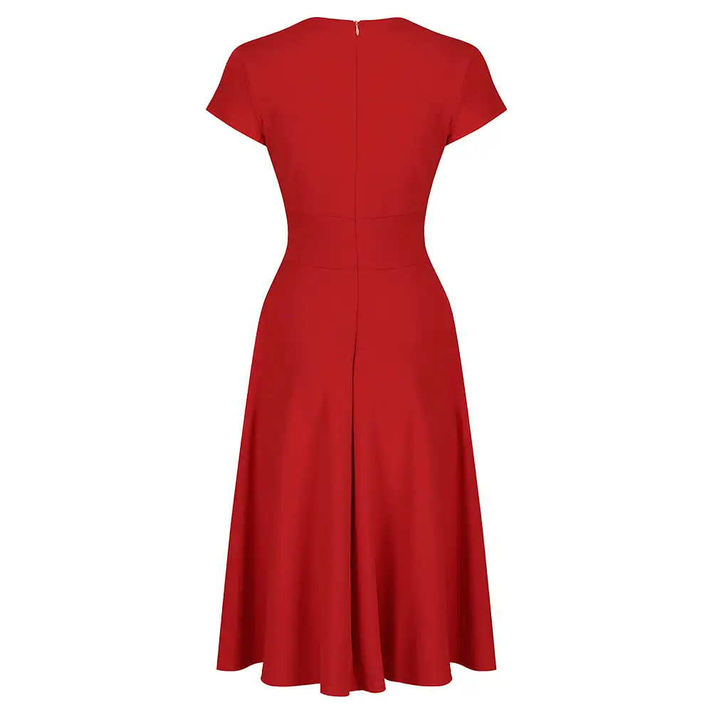 Red Vintage A Line Crossover Capped Sleeve Tea Swing Dress