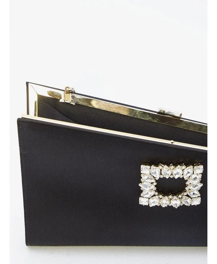 ROGER VIVIER Asymmetrical Strass Buckle Clutch in Black Satin - FW23 Collection