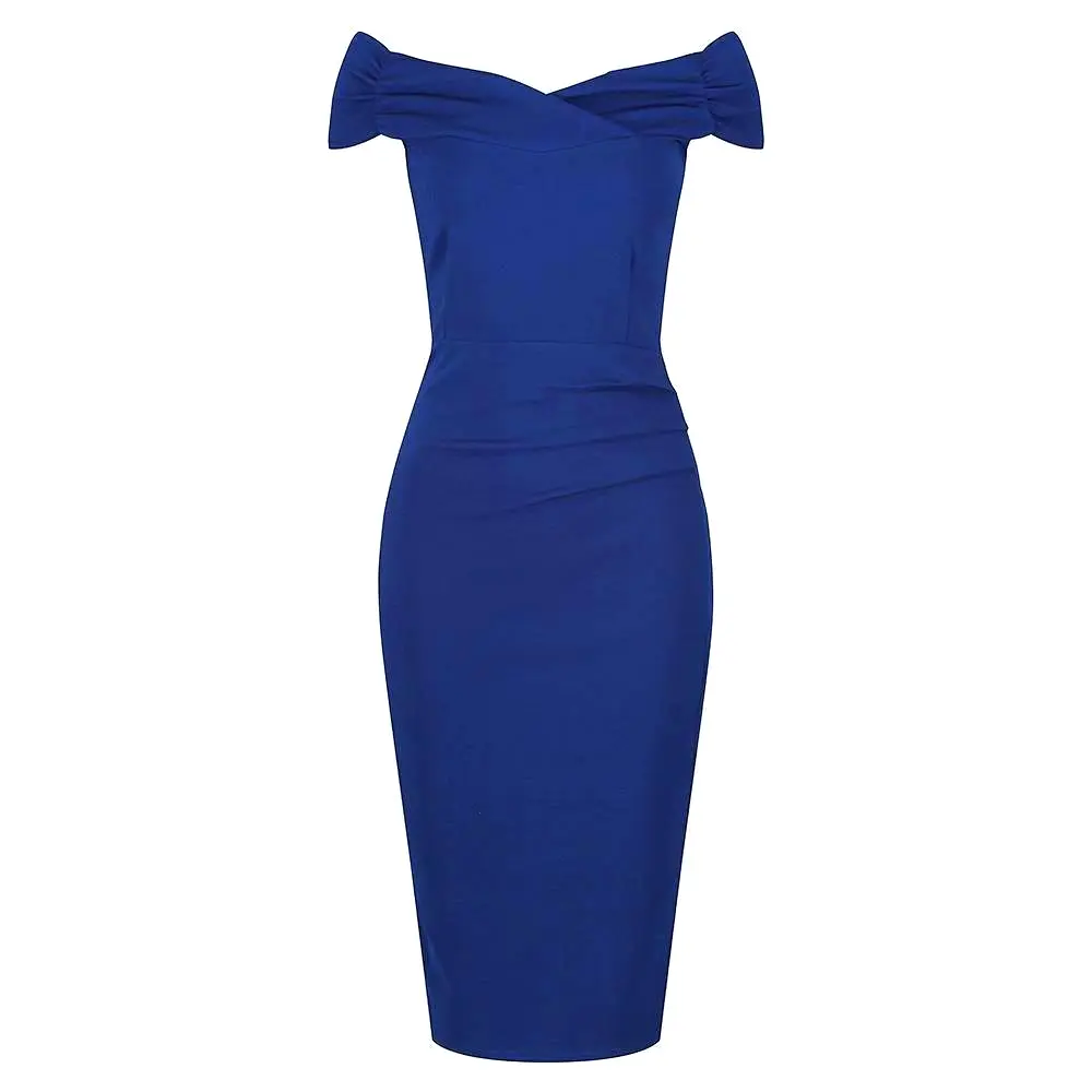 Royal Blue Cap Sleeve Crossover Top Bardot Wiggle Pencil Dress