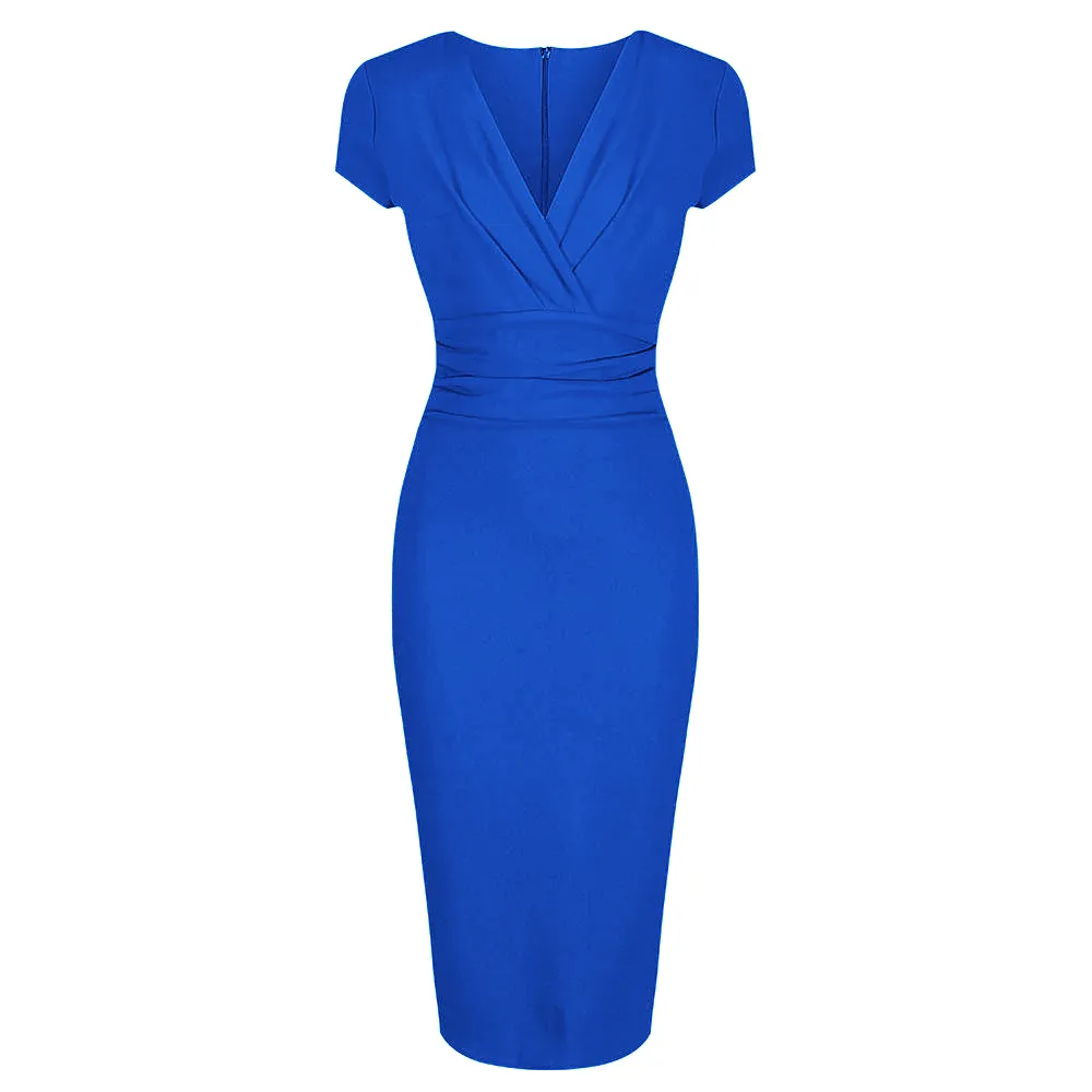 Royal Blue Deep V Cap Sleeve Bodycon Ruched Waist Wiggle Dress