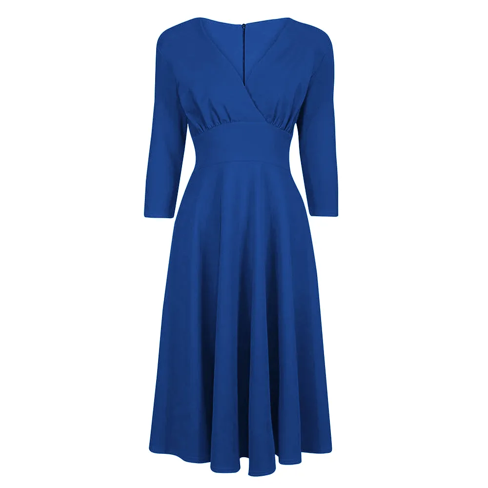 Royal Blue Vintage A Line Crossover 3/4 Sleeve Tea Swing Dress