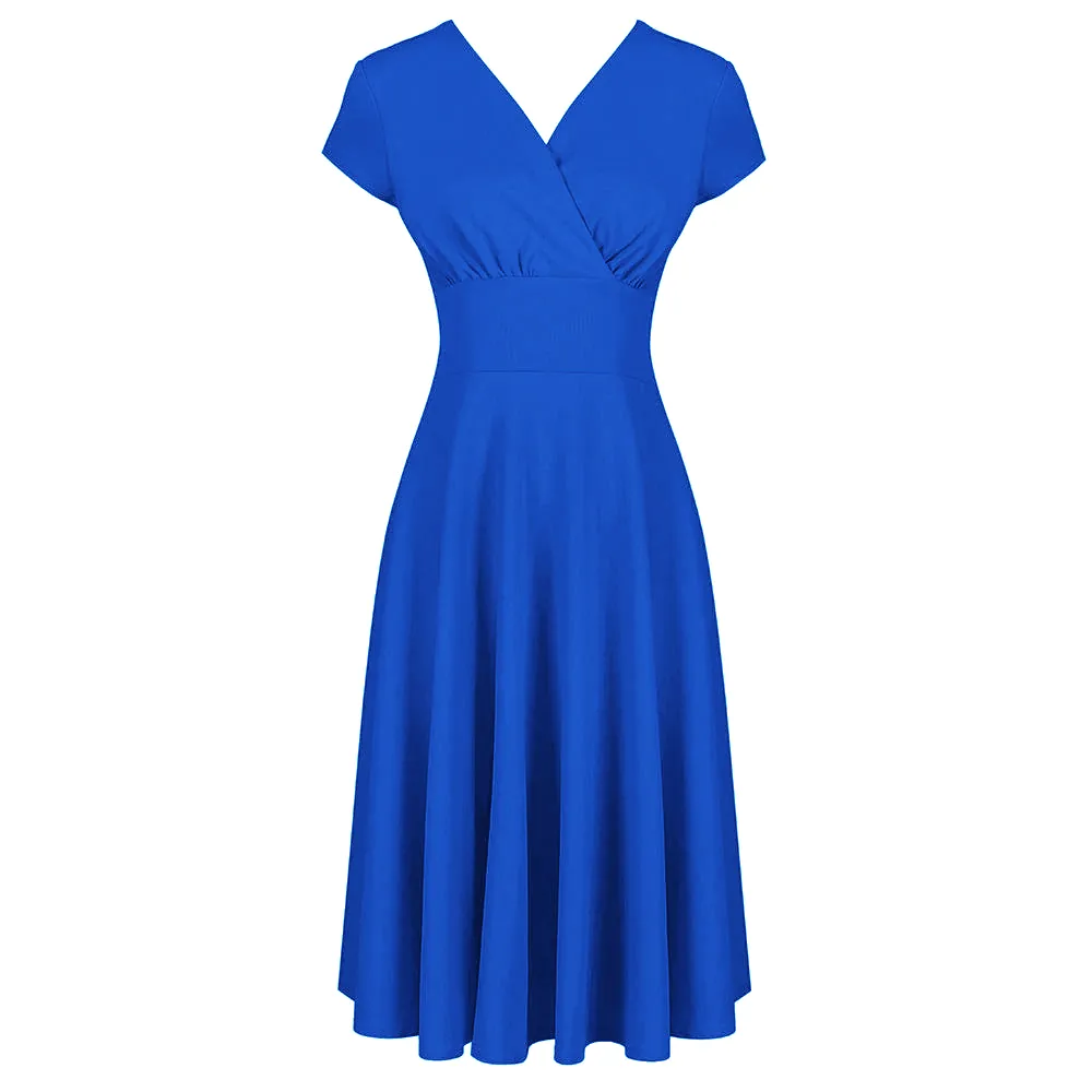 Royal Blue Vintage A Line Crossover Capped Sleeve Tea Swing Dress  by