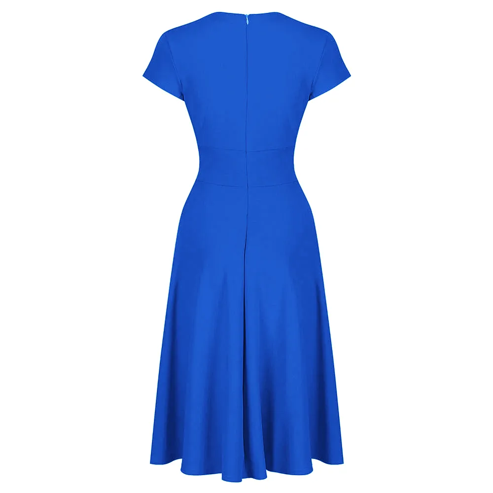 Royal Blue Vintage A Line Crossover Capped Sleeve Tea Swing Dress  by