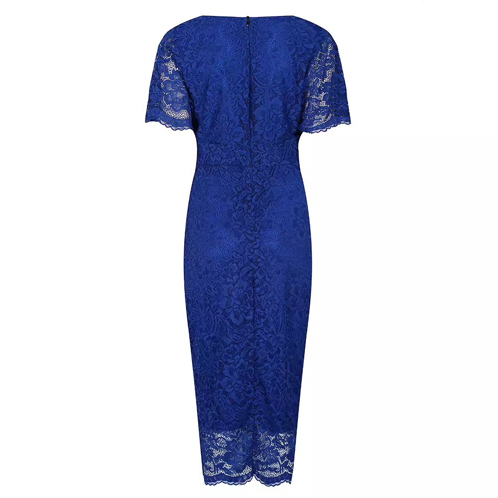 Royal Blue Vintage Lace Detail Bodycon Midi Pencil Dress