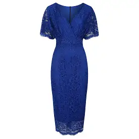 Royal Blue Vintage Lace Detail Bodycon Midi Pencil Dress