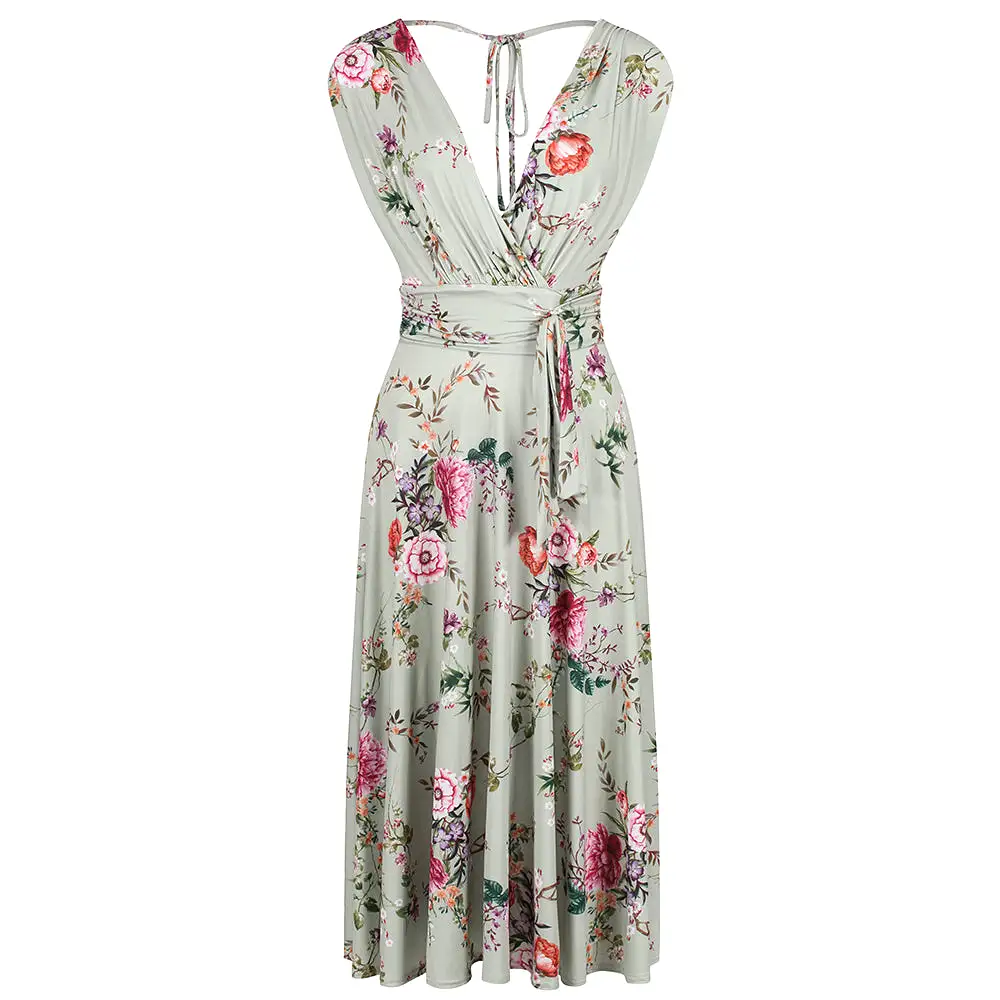 Sage Green Floral V Neck Crossover Top Empire Waist Swing Dress