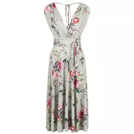 Sage Green Floral V Neck Crossover Top Empire Waist Swing Dress