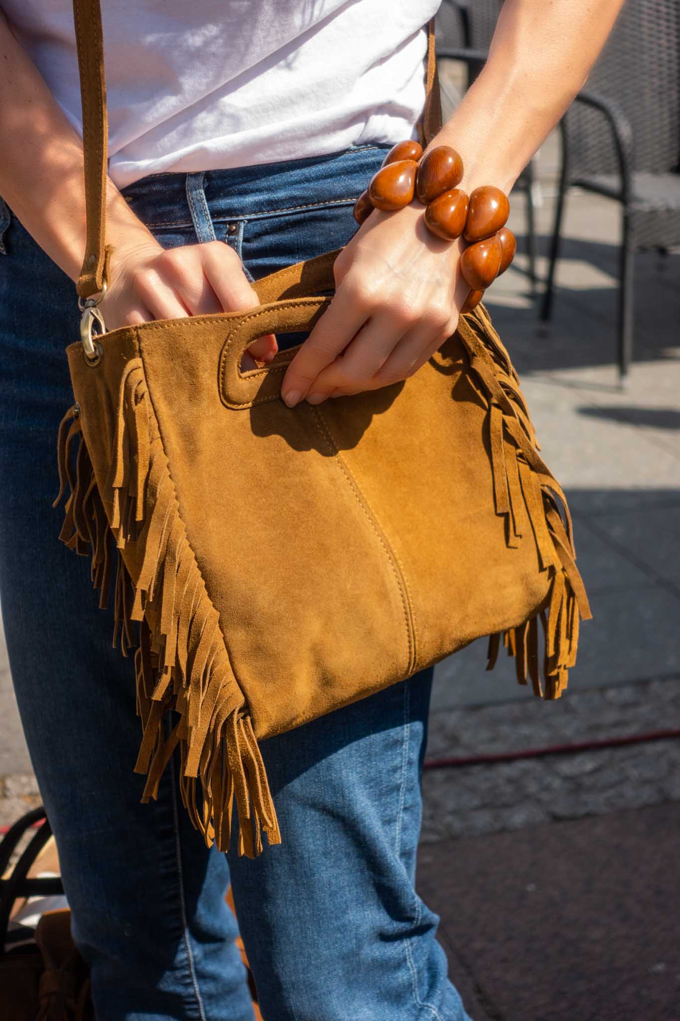 Sanna Suede Leather Mini Fringe Bag in Brown