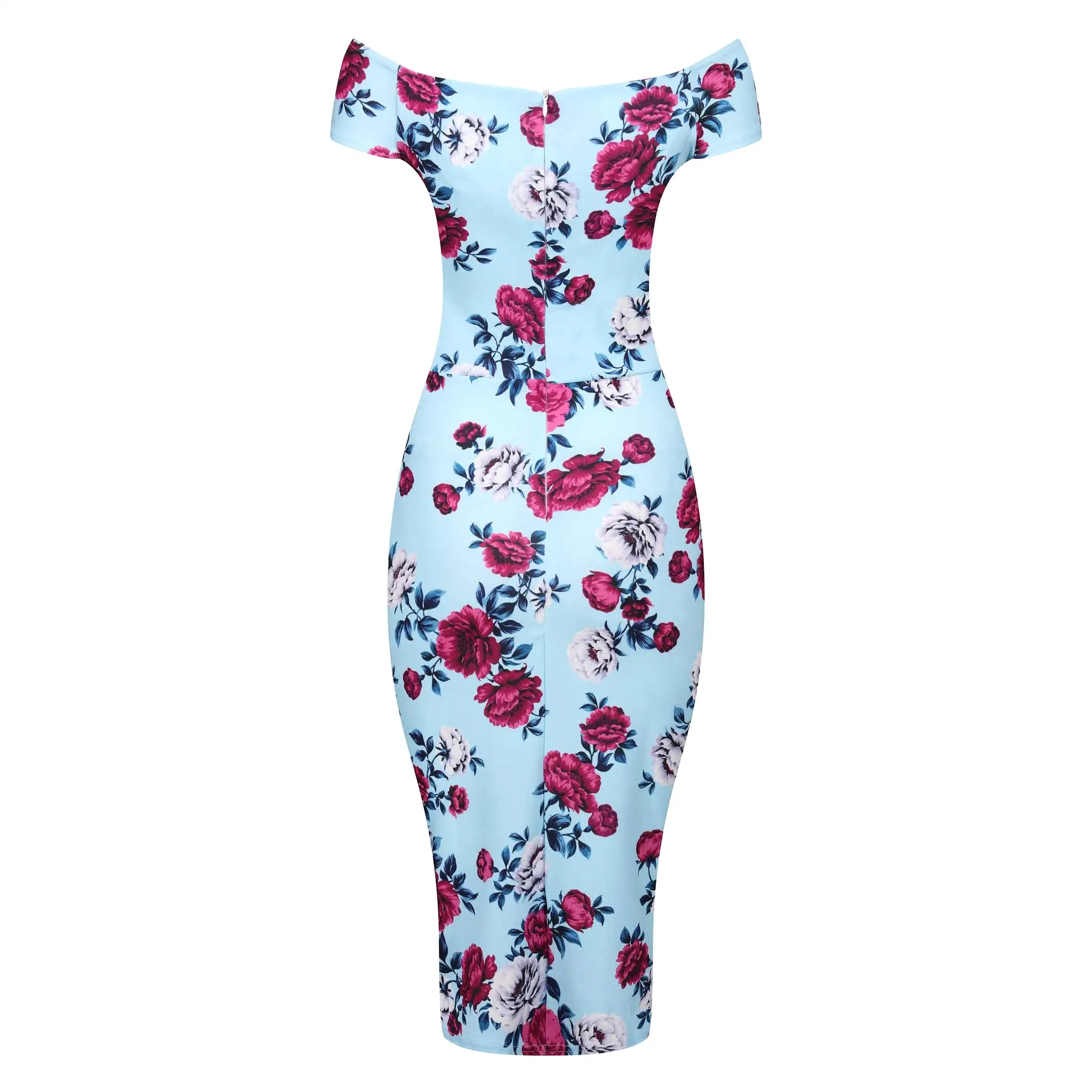 Sky Blue Floral Cap Sleeve Crossover Top Bardot Wiggle Pencil Dress