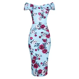 Sky Blue Floral Cap Sleeve Crossover Top Bardot Wiggle Pencil Dress