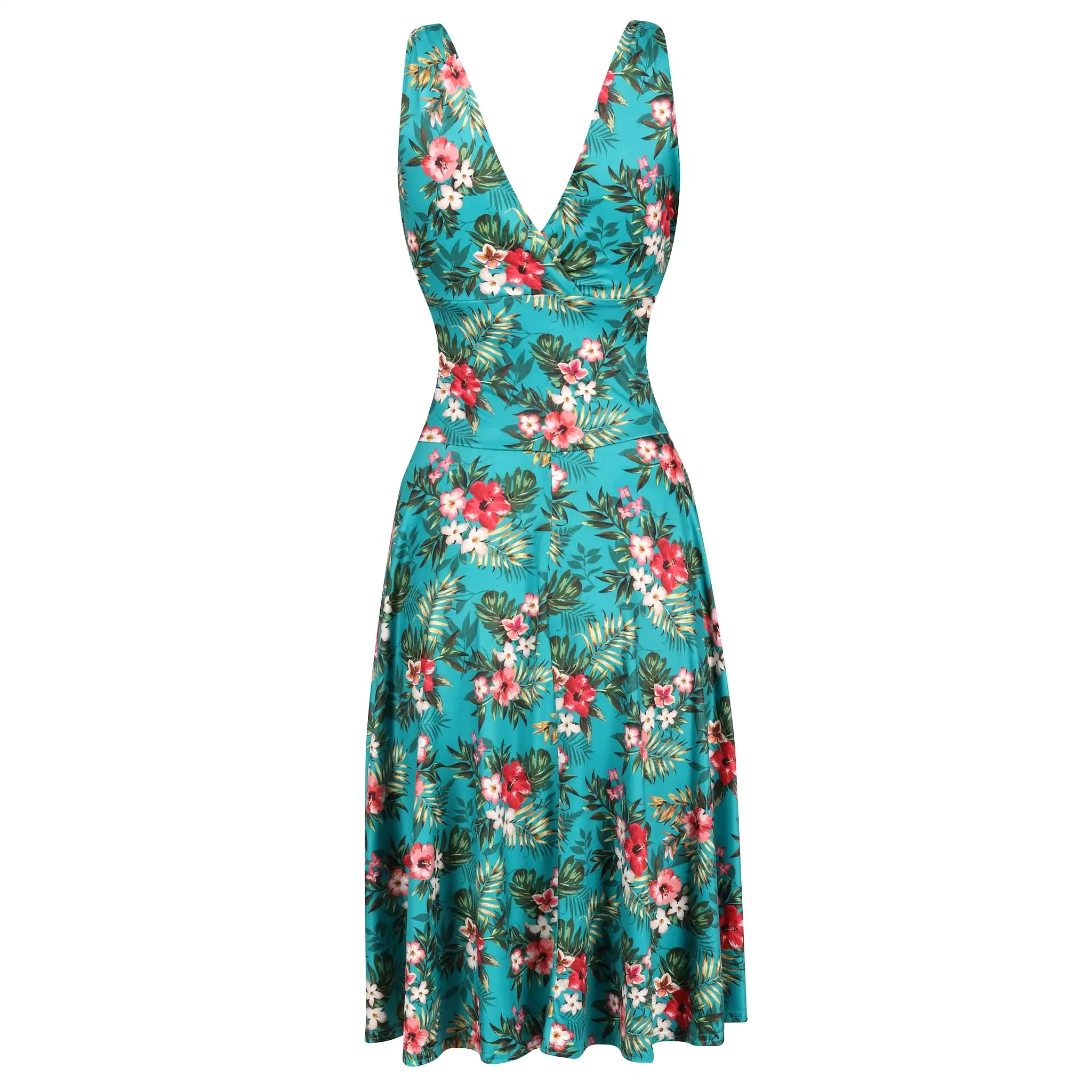 Teal Blue Floral Print Grecian V Neck 50s Swing Dress