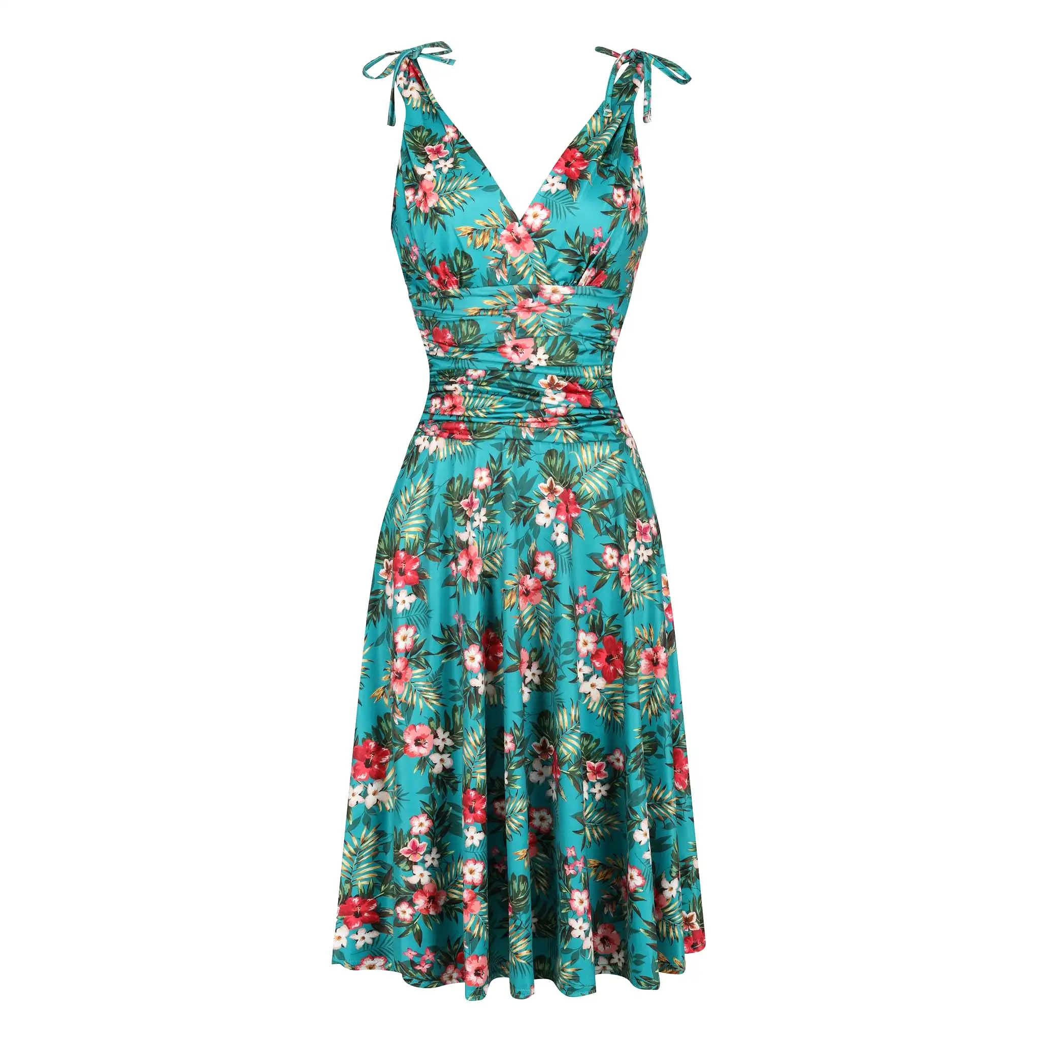 Teal Blue Floral Print Grecian V Neck 50s Swing Dress