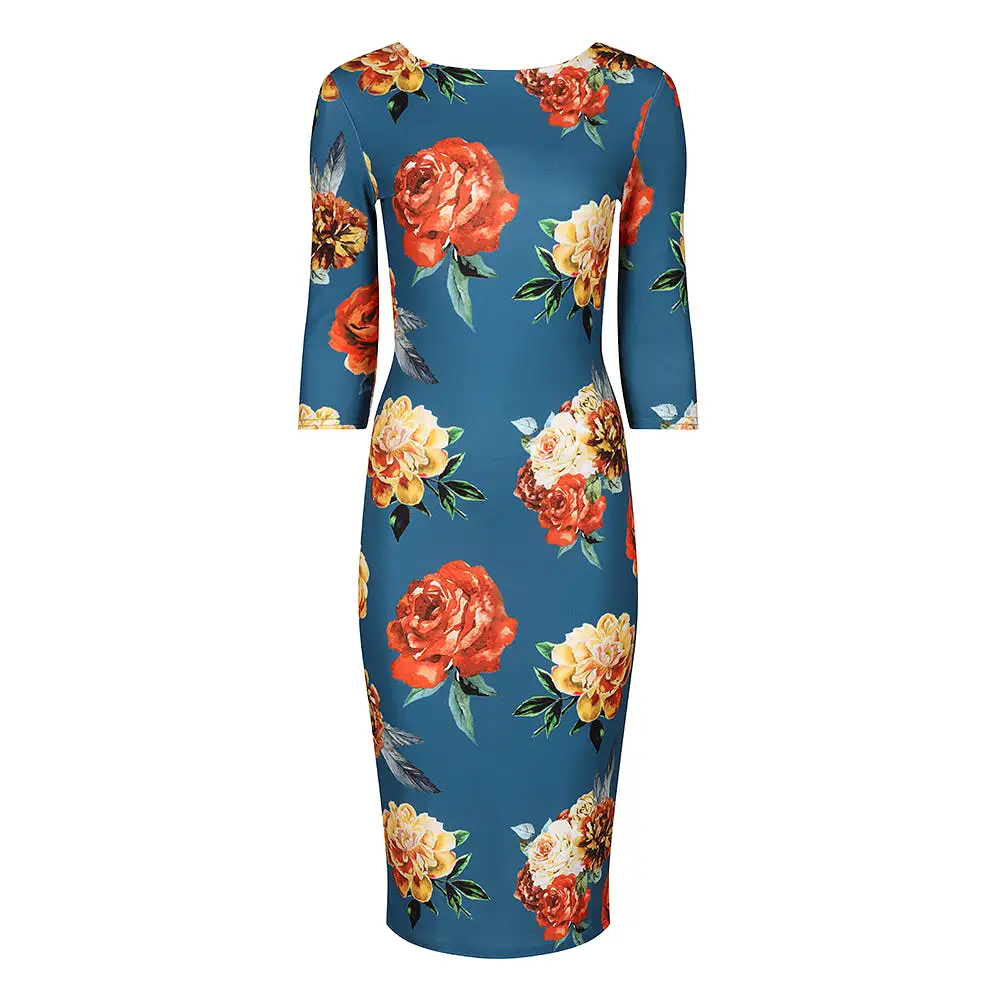 Teal Blue Rose Floral Print 3/4 Sleeve Bodycon Pencil Wiggle Dress