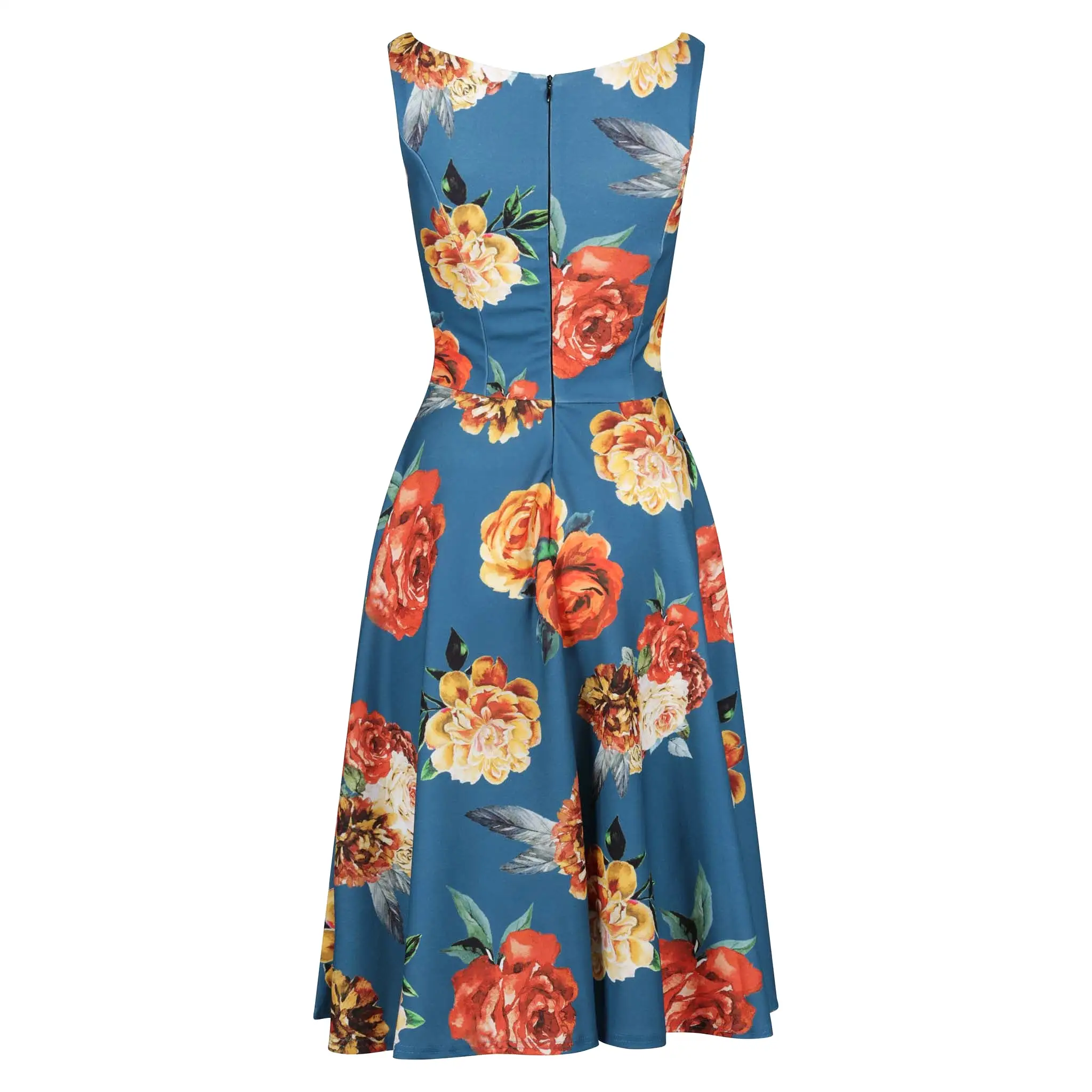 Teal Blue Rose Floral Print Audrey Style 1950s Swing Dress