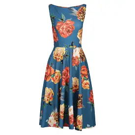 Teal Blue Rose Floral Print Audrey Style 1950s Swing Dress