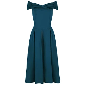 Teal Crossover Bardot 50s Swing Dress