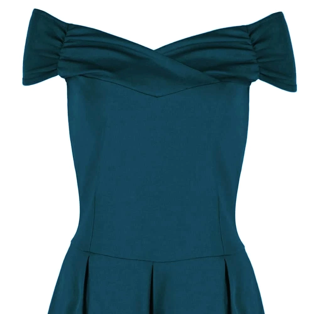 Teal Crossover Bardot 50s Swing Dress