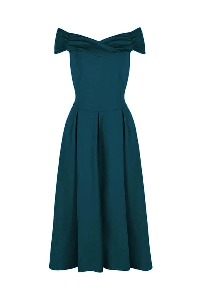 Teal Crossover Bardot 50s Swing Dress