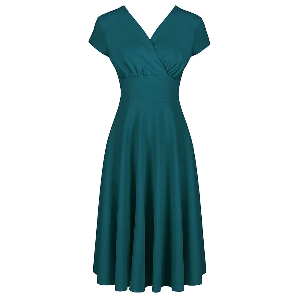 Teal Green Crossover Top Cap Sleeve Vintage A Line Swing Tea Dress