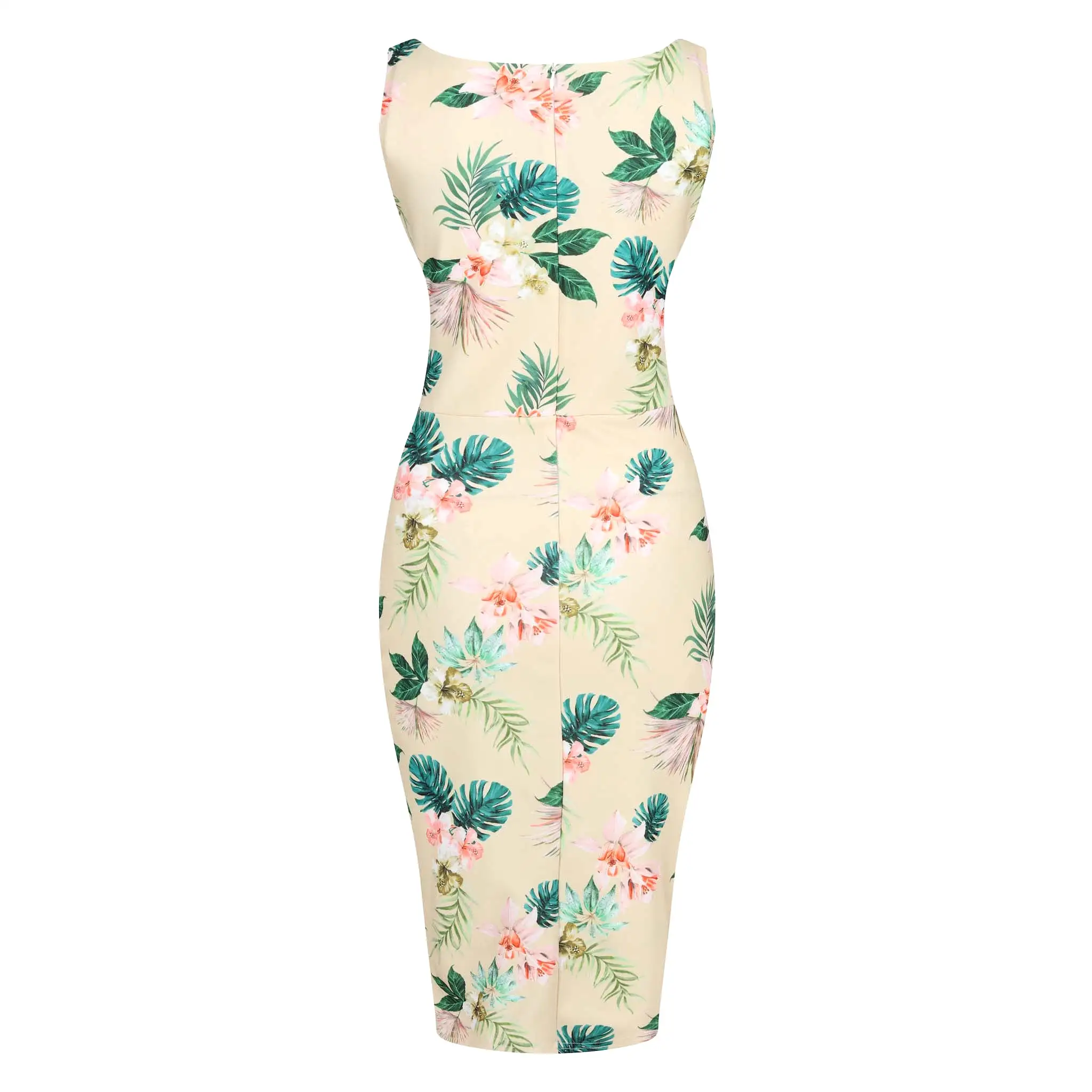 Vanilla Yellow Pink Floral Print High Neckline 40s Style Sleeveless Wiggle Dress