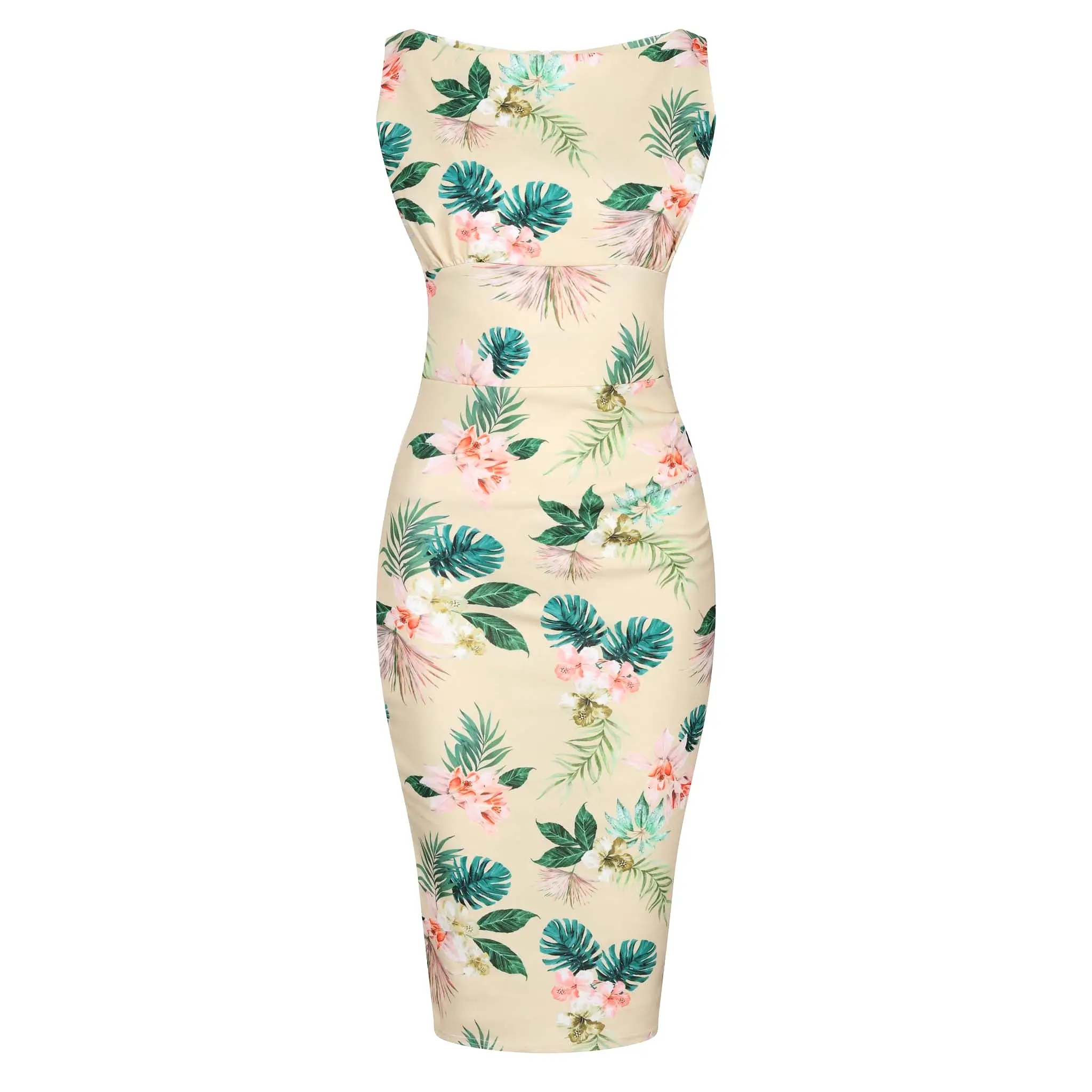 Vanilla Yellow Pink Floral Print High Neckline 40s Style Sleeveless Wiggle Dress