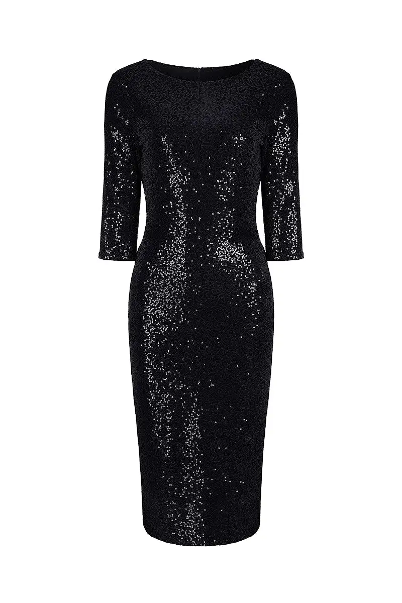 Vintage 1940s Black Velour Sequin Wiggle Dress