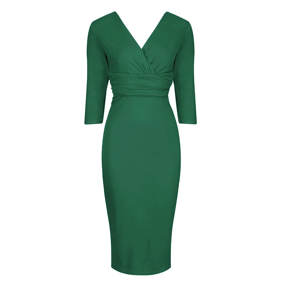 Vintage Emerald Green Wrap Over Midi Pencil Dress