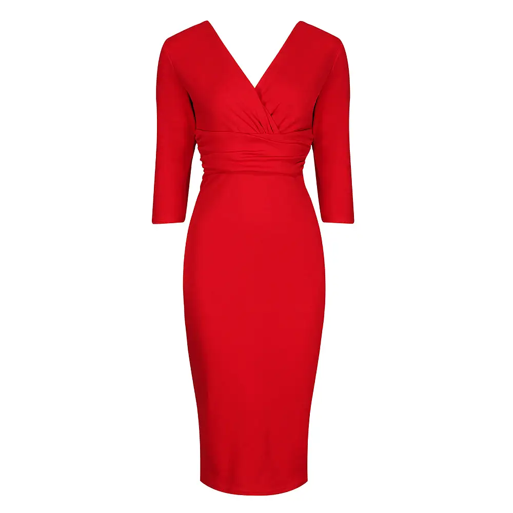 Vintage Red Wrap Over 3/4 Sleeve Midi Pencil Dress