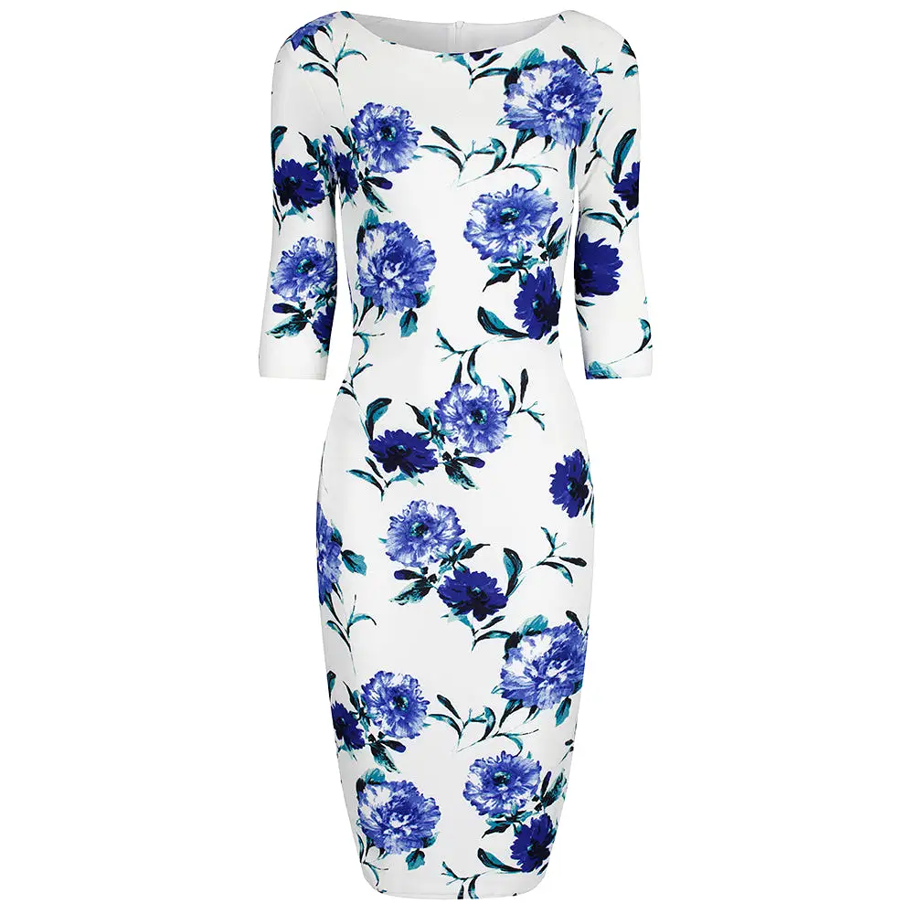 White and Blue Floral Print 3/4 Sleeve Bodycon Pencil Wiggle Dress