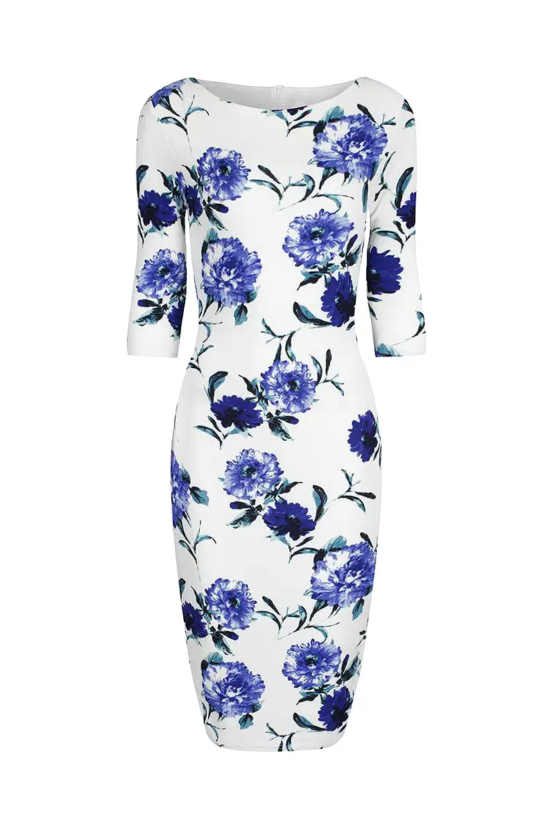 White and Blue Floral Print 3/4 Sleeve Bodycon Pencil Wiggle Dress