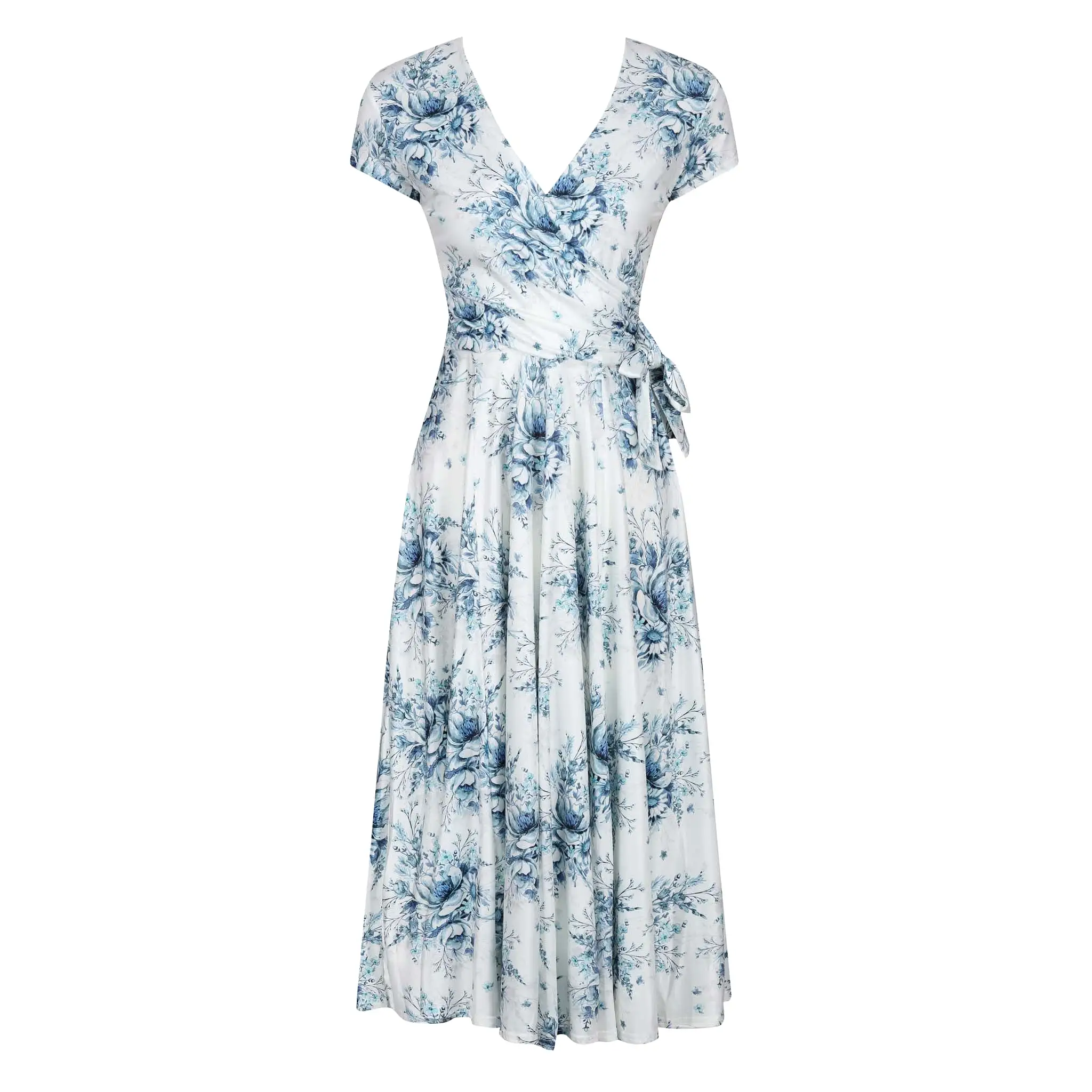 White And Blue Floral Print Cap Sleeve Crossover Top Swing Dress