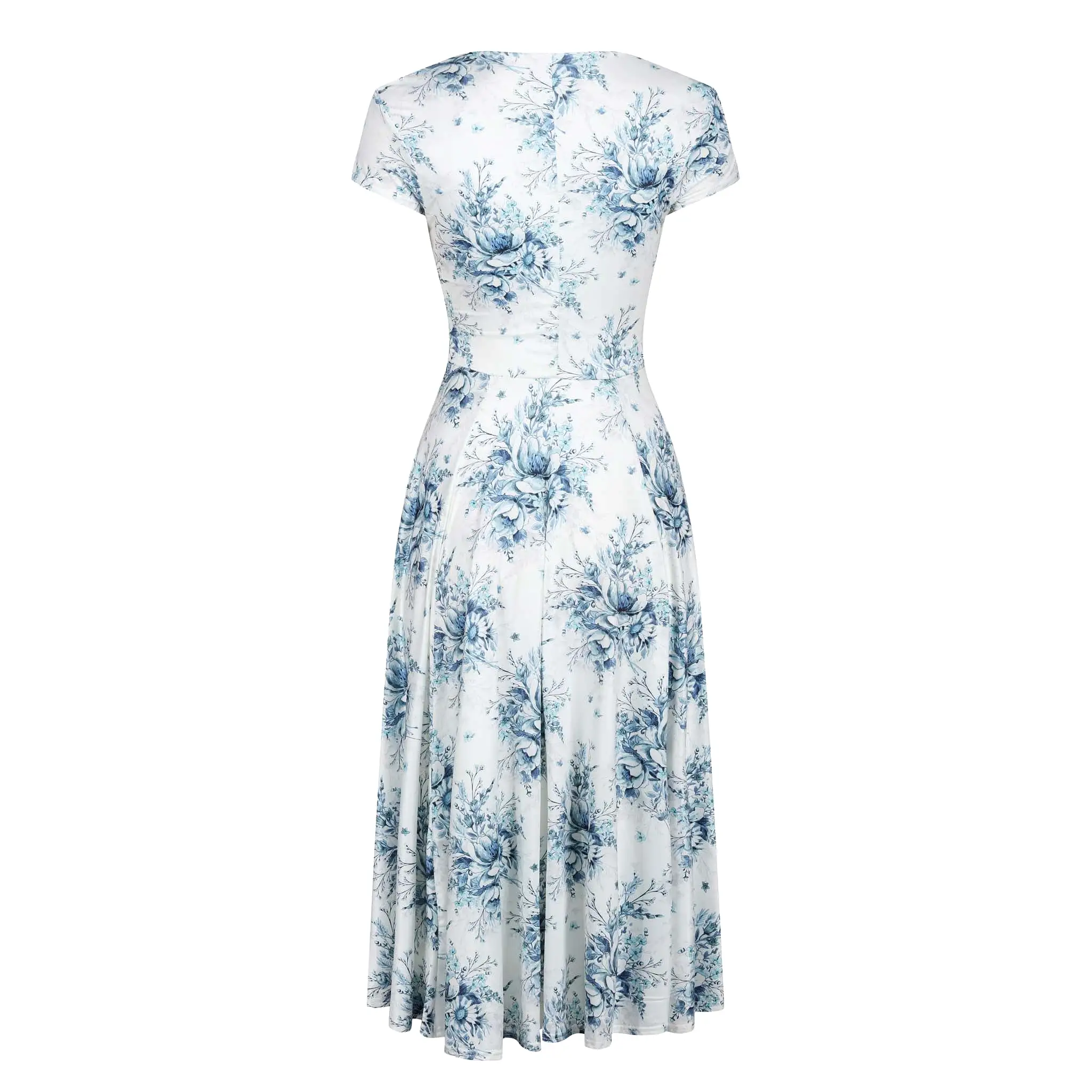 White And Blue Floral Print Cap Sleeve Crossover Top Swing Dress