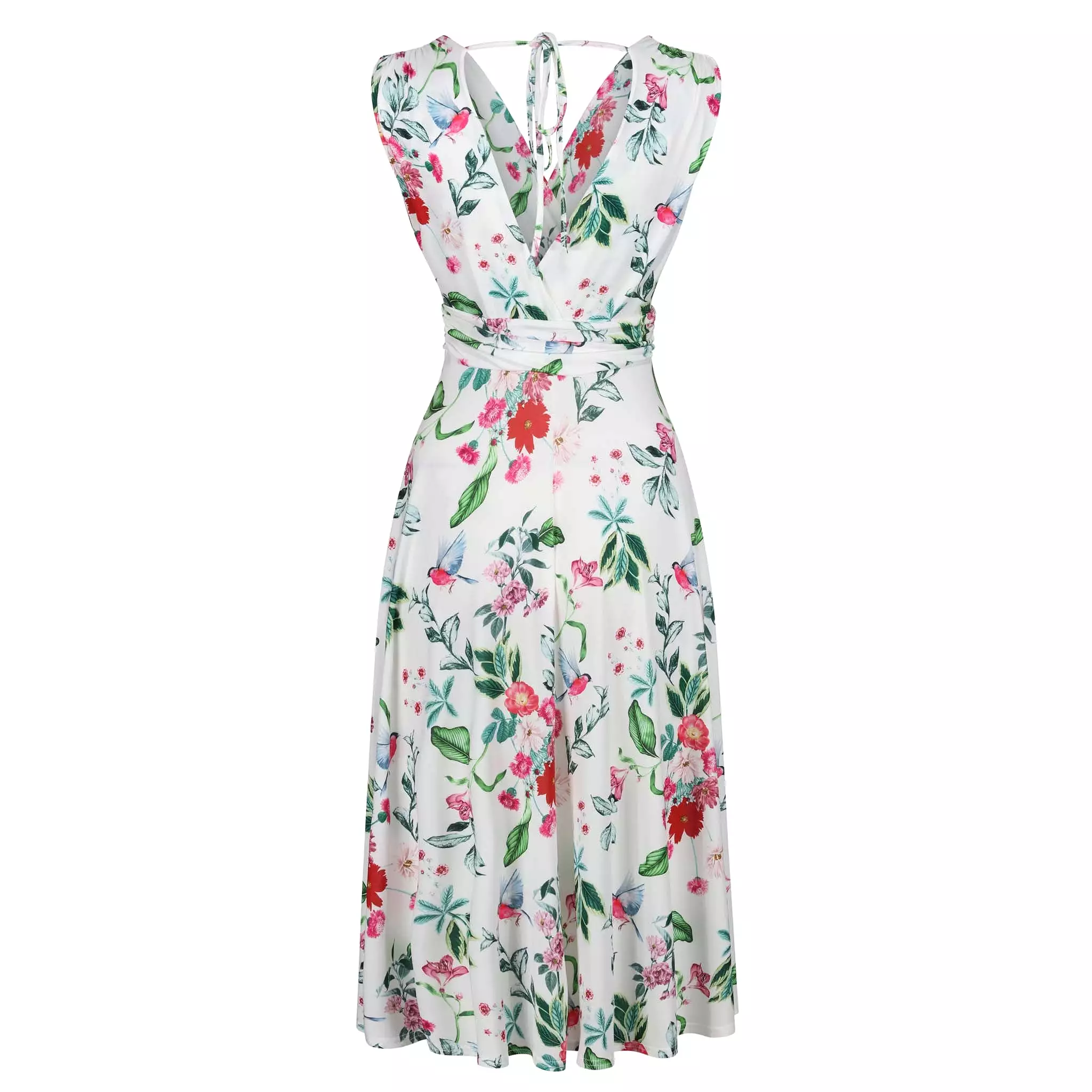 White and Red Floral V Neck Crossover Top Empire Waist Swing Dress