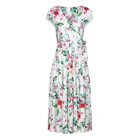 White Floral Bird Print Cap Sleeve Crossover Top Swing Dress