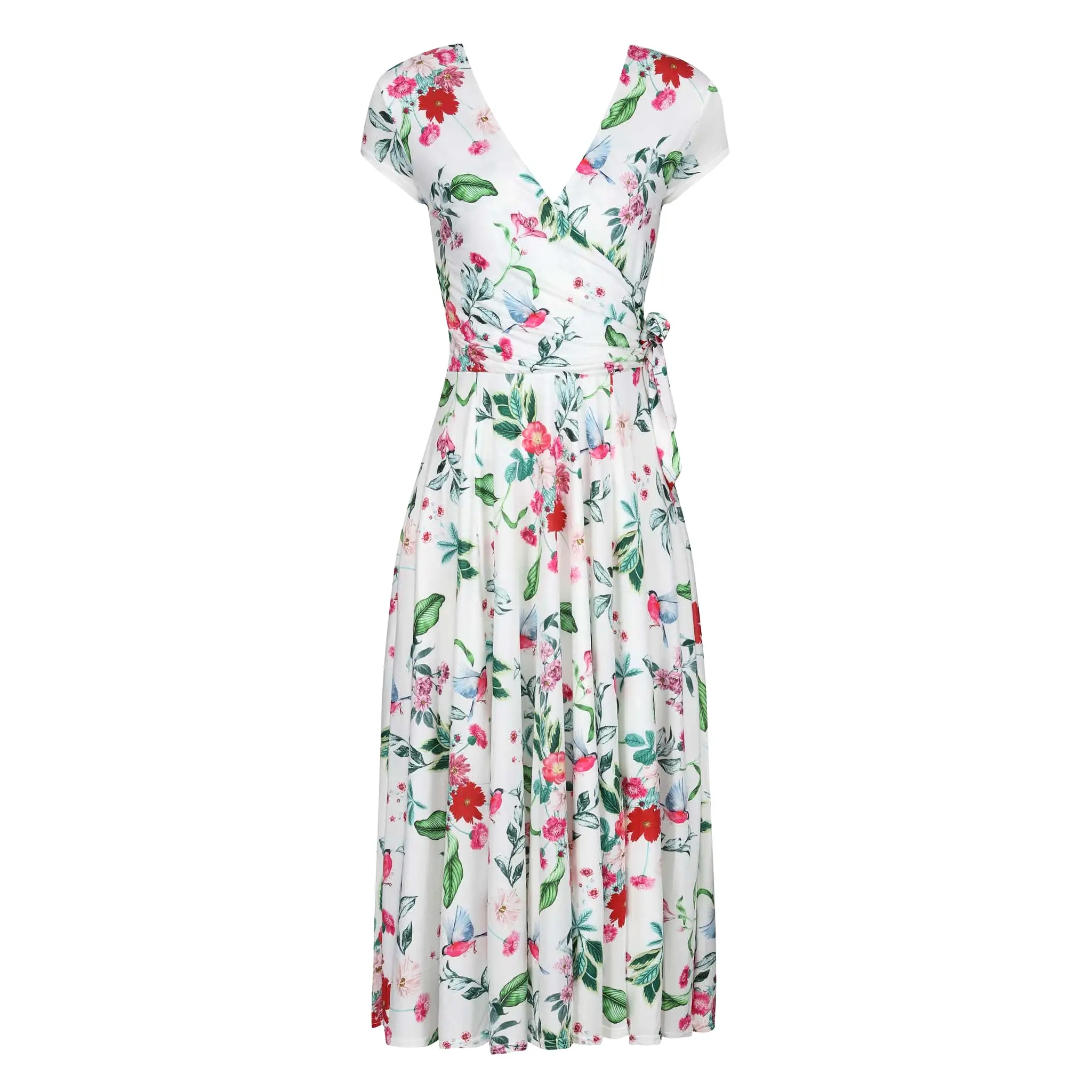 White Floral Bird Print Cap Sleeve Crossover Top Swing Dress