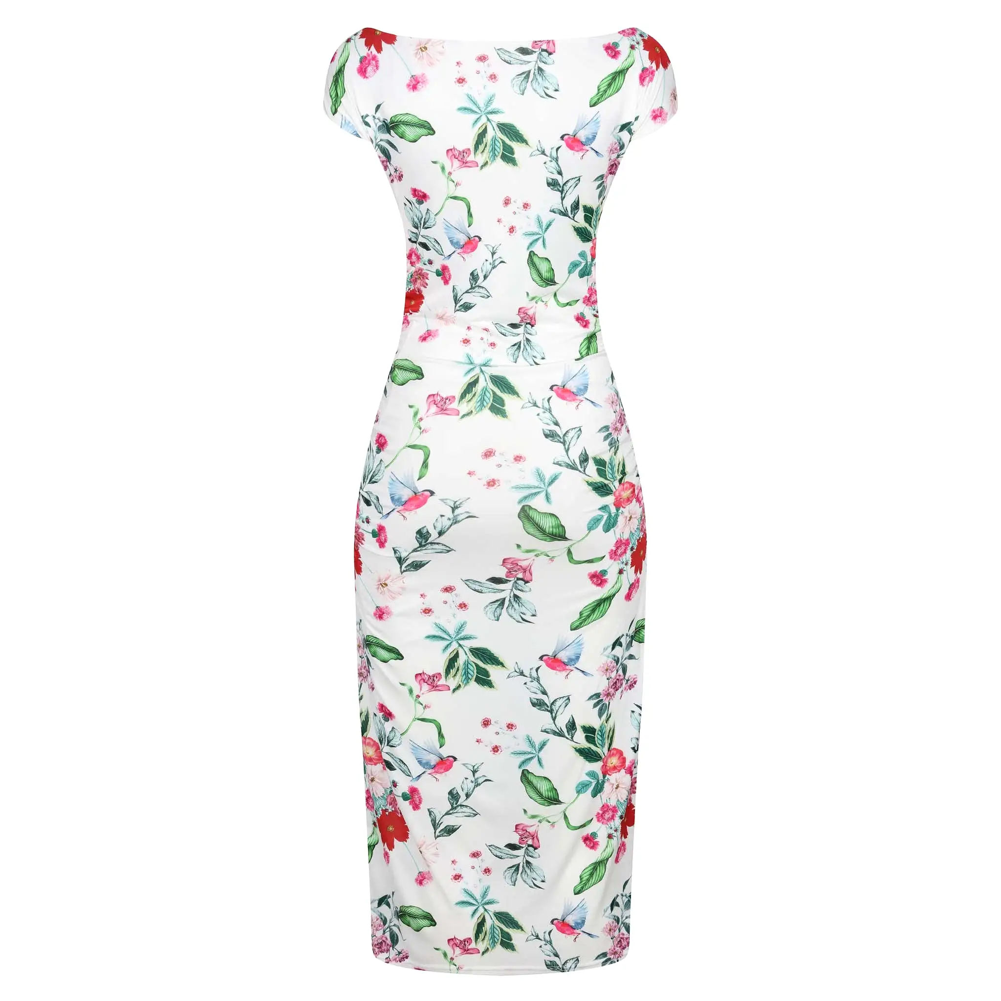 White Floral Print 40s Style Cap Sleeve Slinky Pencil Wiggle Dress