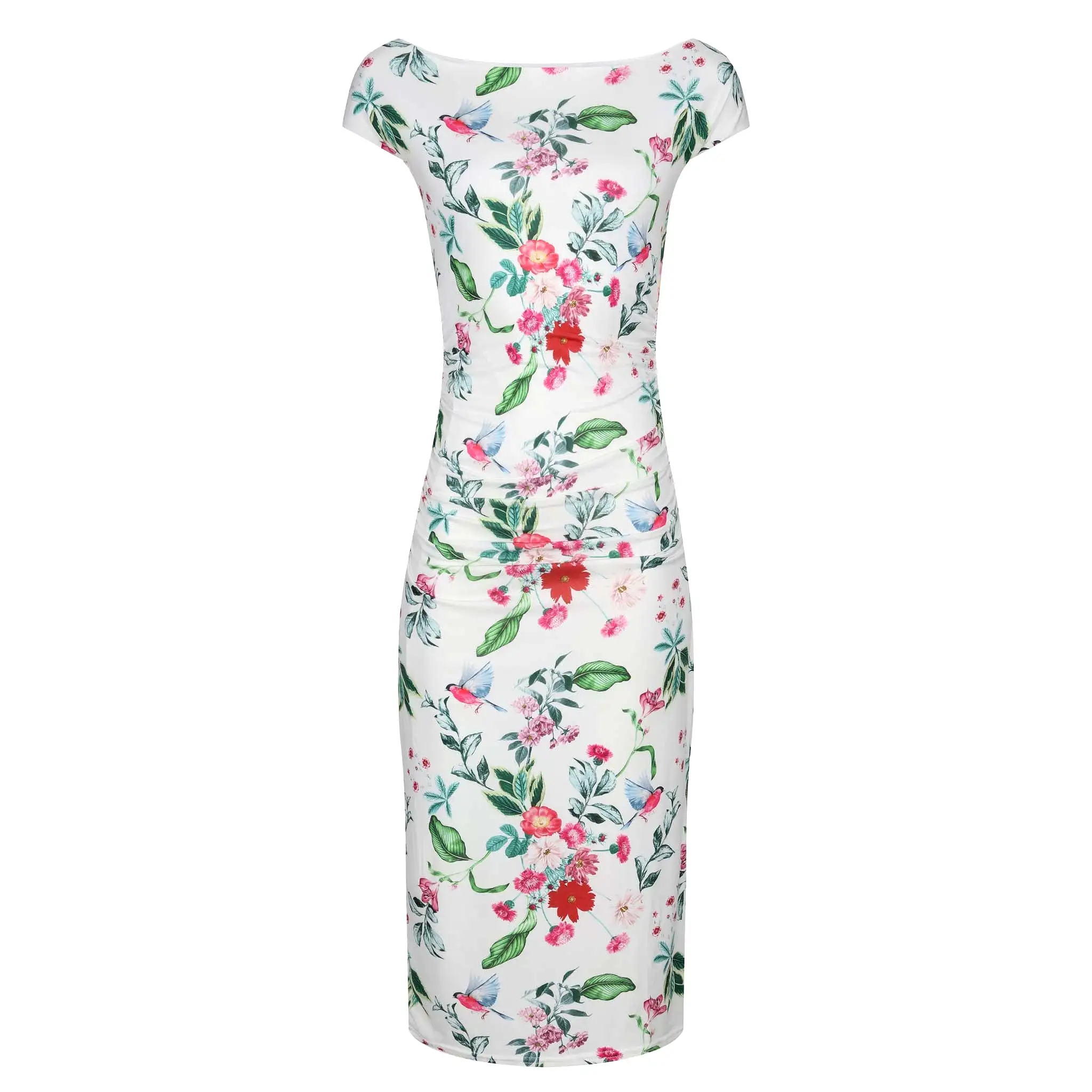 White Floral Print 40s Style Cap Sleeve Slinky Pencil Wiggle Dress