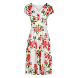 White Floral Print Capped Sleeve Wrap Effect Tea Dress