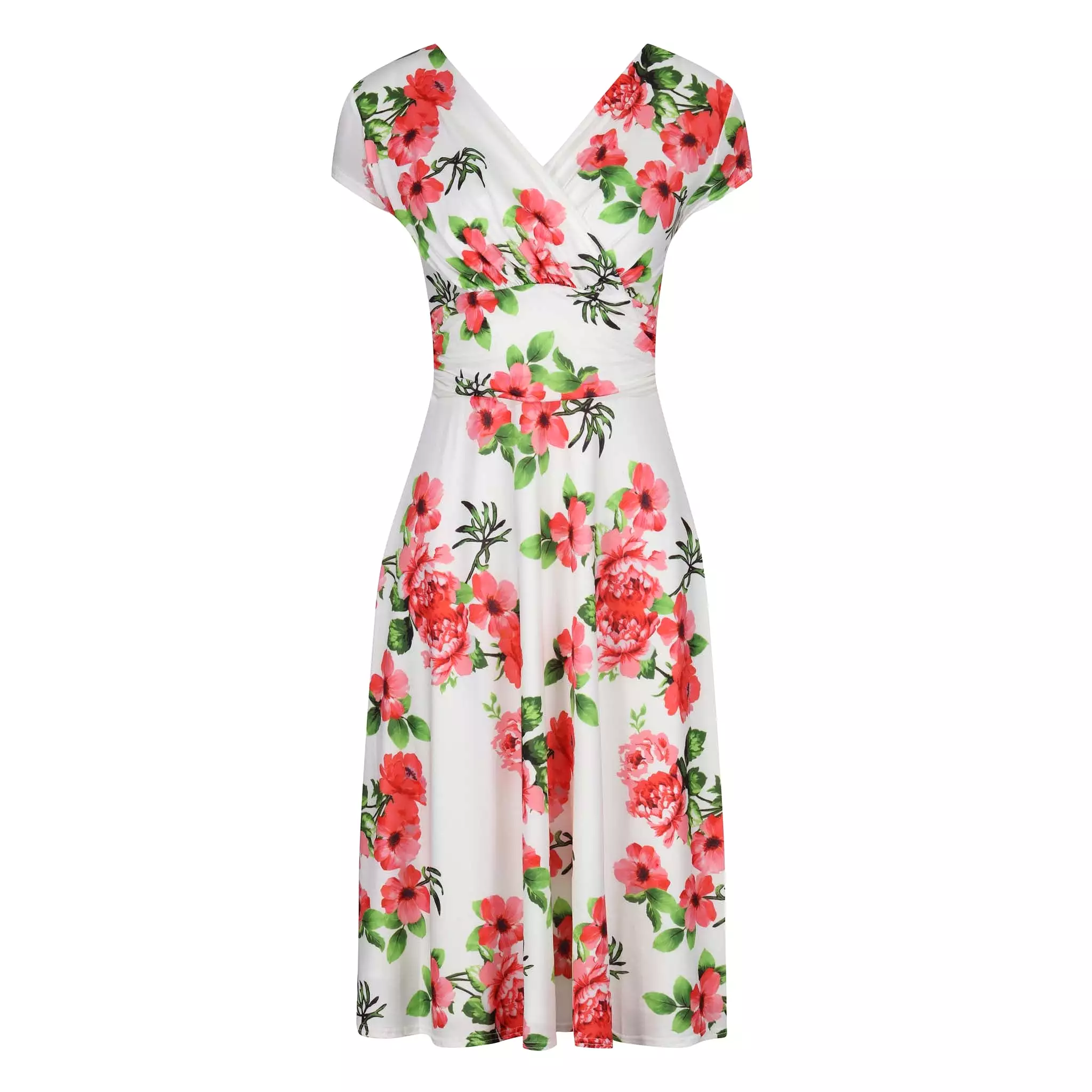 White Floral Print Capped Sleeve Wrap Effect Tea Dress