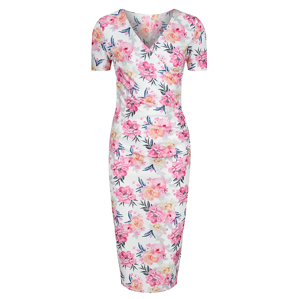 White Pink Floral Print Short Sleeve Summer Bodycon Wiggle Dress