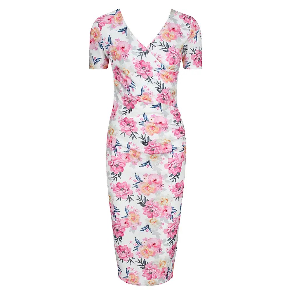 White Pink Floral Print Short Sleeve Summer Bodycon Wiggle Dress